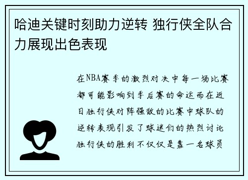 哈迪关键时刻助力逆转 独行侠全队合力展现出色表现